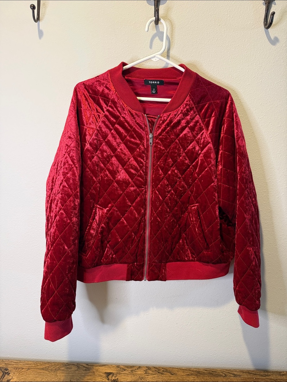 torrid Quilted Velvet Bomber in Deep Red